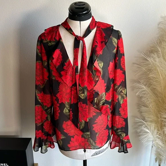 KEEPSAKE sheer red floral dark romance tie neck blouse - Picture 1 of 9